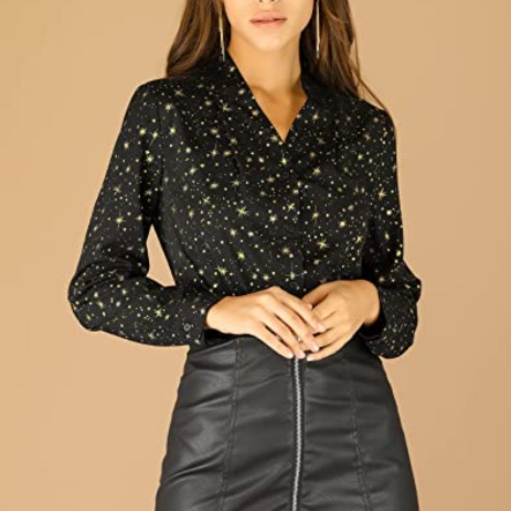 NEW Women's Black & Gold Stars Work Blouse Size XS